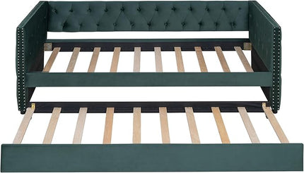 Twin Size Tufted Upholstered Daybed with Trundle, Solid Wood Velvet Bed with Rivet Design, No Box-spring Needed, for Living Room, Bedroom, Dorm, Space-Saving Design - LeafyLoom