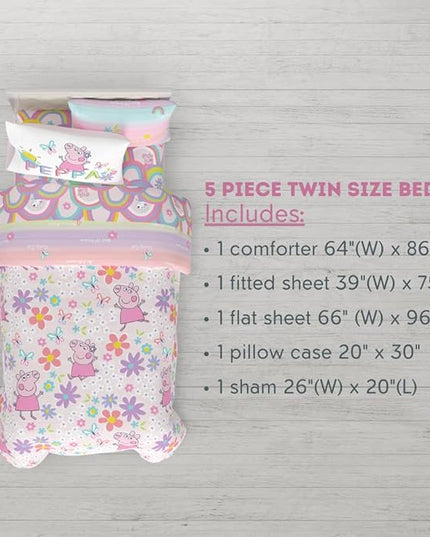 Franco Peppa Pig Kids Bedding Super Soft Comforter and Sheet Set with Sham, 5 Piece Twin Size, (Officially Licensed Product) - LeafyLoom