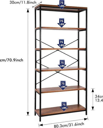 Himimi 6 Tier Industrial Bookshelf, Vintage Standing Storage Shelf, Display Shelving Units, Tall Bookcase, Industrial Metal Book Shelves for Living Room Bedroom and Home Office - LeafyLoom