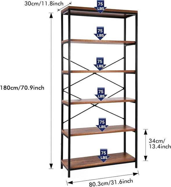 Himimi 6 Tier Industrial Bookshelf, Vintage Standing Storage Shelf, Display Shelving Units, Tall Bookcase, Industrial Metal Book Shelves for Living Room Bedroom and Home Office - LeafyLoom