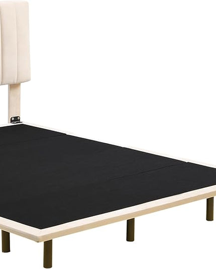 RITSU Queen Size Upholstered Floating Velvet Platform Bed with Sensor Light and Headboard, Plywood & Solid Bedframe, for Apartment Bedroom, No Need for Box Springs, Beige - LeafyLoom