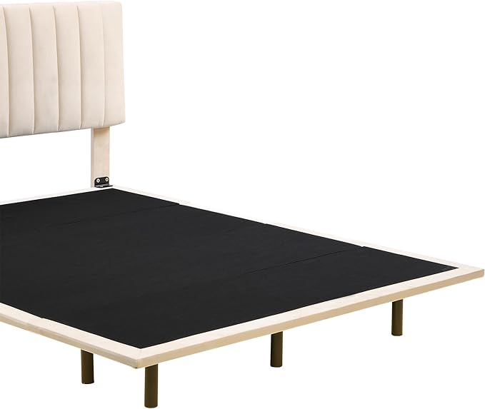 RITSU Queen Size Upholstered Floating Velvet Platform Bed with Sensor Light and Headboard, Plywood & Solid Bedframe, for Apartment Bedroom, No Need for Box Springs, Beige - LeafyLoom