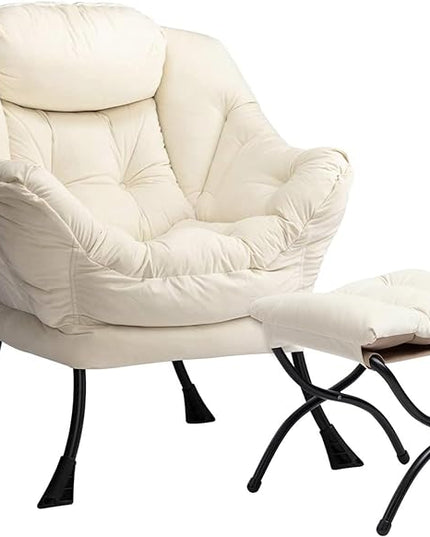 HollyHOME Fabric Lazy Chair with Foldable Ottoman, Accent Comfy Lounge Arm Chair and Folding Footrest Stool Set, Leisure Sofa Reading Chair and Footstool for Living Room, Bedroom, Dorm, Beige - LeafyLoom
