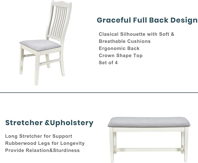 Mid-Century Style 6 Piece Table Drawer, 4 Upholstered Chairs and Bench, Rectangular Solid Wood Set, Easy Assembly & Care, for Dining Room, Kitchen, Grey 38 - LeafyLoom