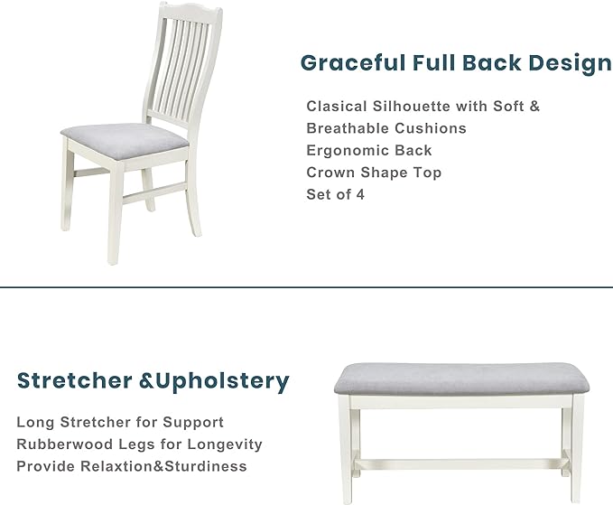 6-Piece Wood Dining Table Set with Drawer, 4 Upholstered Chairs and Bench, for Kitchen, Living Room, Mid-Century Style, Butter Milk, 59" L x 35.4" W x 30.3" H - LeafyLoom