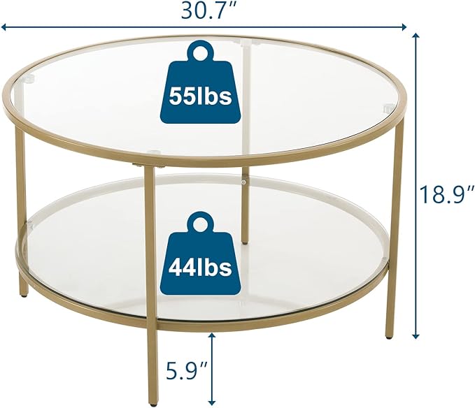 VINGLI Glass Coffee Table, 30" Round Champagne Gold Coffee Tables for Living Room,2-Tier Glass Top Coffee Table with Storage Clear Coffee Table,Simple & Modern Center Table Mesa de Centro Para Sala - LeafyLoom