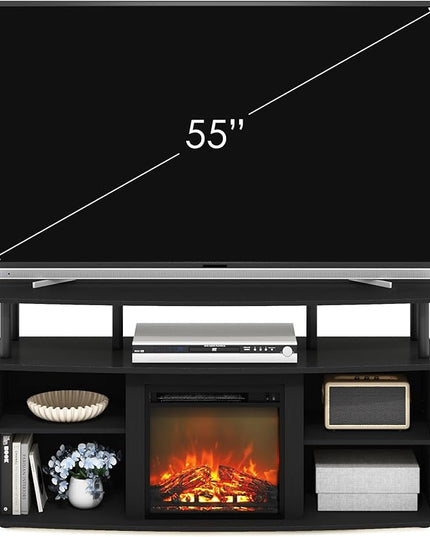 Furinno Jensen Open Shelving Storage Fireplace TV Entertainment Center for TV up to 55 Inch, Americano/Black - LeafyLoom