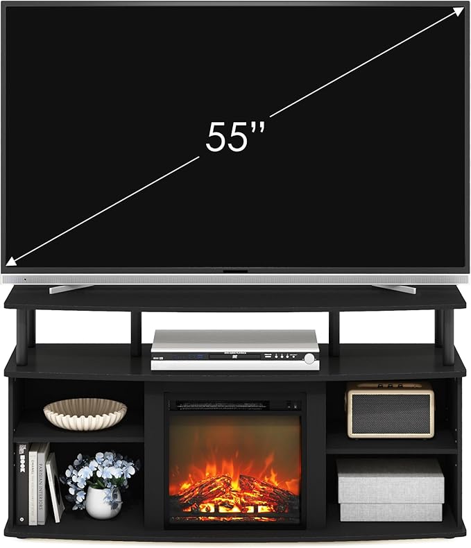 Furinno Jensen Open Shelving Storage Fireplace TV Entertainment Center for TV up to 55 Inch, Americano/Black - LeafyLoom