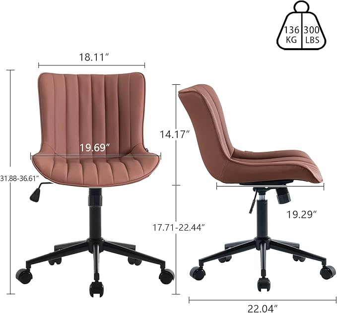 YOUNIKE Armless Office Chair with Wheels Leather Swivel Desk Chair Upholstered Adjustable Computer Task Chair Modern Rolling Vanity Chair Rocking Gaming Chair Dusty Rose Pink - LeafyLoom
