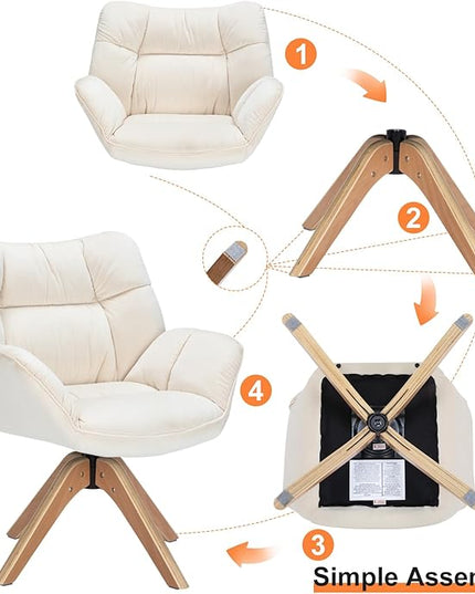Fabric Accent Chair, Modern Cozy Vanity Chair with Wood Legs, Upholstered Single Boucle Armchair Single Sofa for Living Room Bedroom Office Guest Room Dining Room (Beige) - LeafyLoom