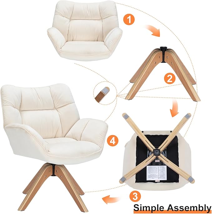 Fabric Accent Chair, Modern Cozy Vanity Chair with Wood Legs, Upholstered Single Boucle Armchair Single Sofa for Living Room Bedroom Office Guest Room Dining Room (Beige) - LeafyLoom