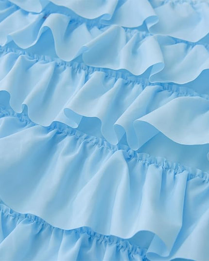 A Nice Night Waterfall Flutter Ruffle 3PCS Comforter Set,Chic Ruffled Textured Princess Bedding Set,Blue,Twin - LeafyLoom