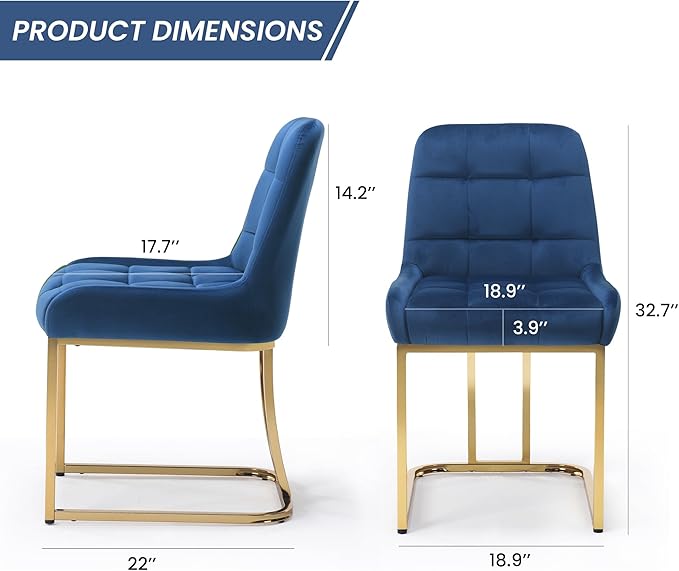 STARY Upholstered Velvet Armless Dining Room Chairs with Gold Metal Legs for Kitchen Restaurant, Blue- Set of 4 - LeafyLoom