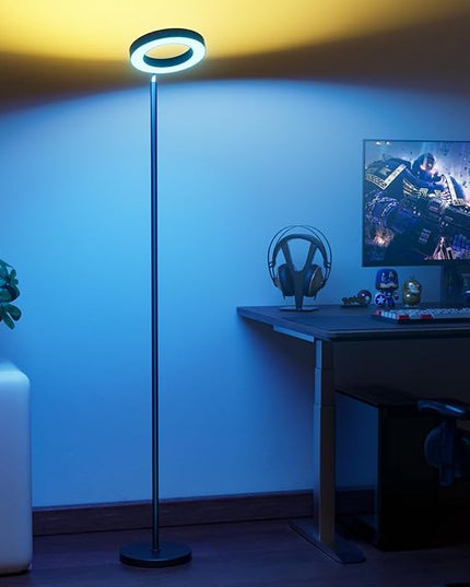 Dual-Sided RGBCW Floor Lamp, 42W 2800LM Bright Dimmable LED Standing Lamp with Remote Control, 350° Rotatable Head, Modern Color Changing Tall Lamps for Living Room Bedroom Studio Office Gaming Garage - LeafyLoom