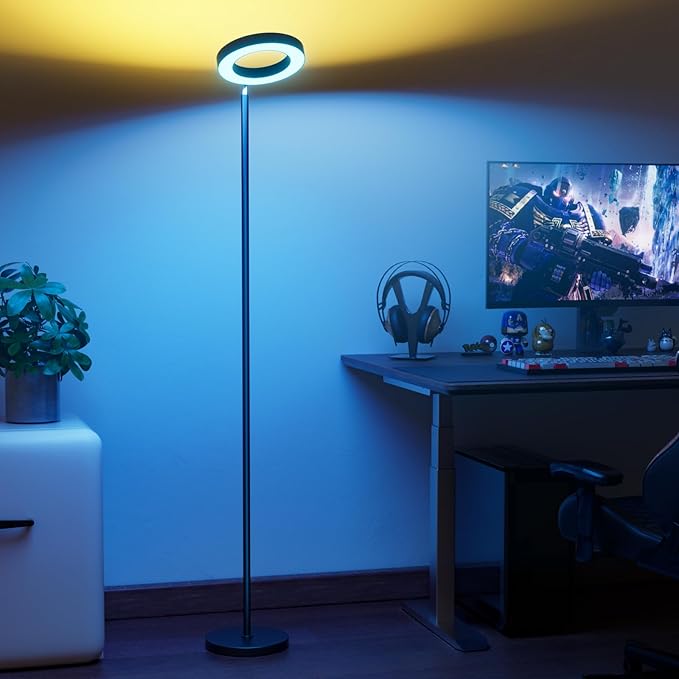 Dual-Sided RGBCW Floor Lamp, 42W 2800LM Bright Dimmable LED Standing Lamp with Remote Control, 350° Rotatable Head, Modern Color Changing Tall Lamps for Living Room Bedroom Studio Office Gaming Garage - LeafyLoom