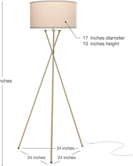 Brightech Jaxon LED Floor lamp, Modern Lamp for Living Rooms & Offices, Tall Lamp with Contemporary Drum Shade, Gold Tripod Standing Lamp for Bedroom Reading, Great Living Room Decor - Brass - LeafyLoom