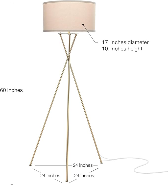Brightech Jaxon LED Floor lamp, Modern Lamp for Living Rooms & Offices, Tall Lamp with Contemporary Drum Shade, Gold Tripod Standing Lamp for Bedroom Reading, Great Living Room Decor - Brass - LeafyLoom
