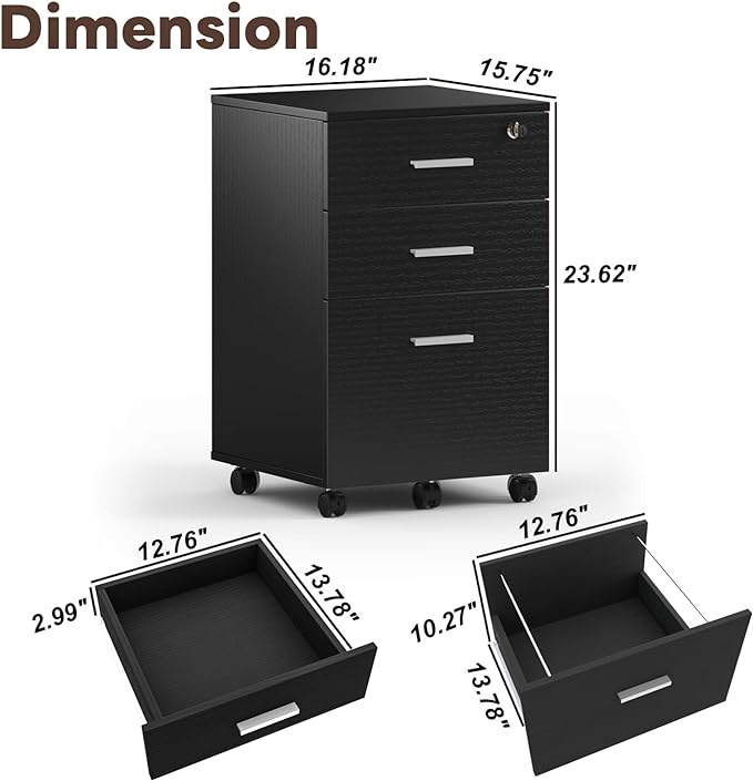 Maxtown 3 Drawer File Cabinet, Wood Filing Cabinet for Home Office, File Cabinet Office Drawer with Lock, Rolling Filing Cabinet for A4/Letter Size, Oak Grain - LeafyLoom