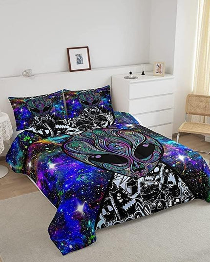Trippy Alien Comforter Set King Size Kids Boys Galaxy Hippie Graffiti Bedding Set Psychedelic Alien Outer Space Comforter Purple Trippy Room Decor Bohemian Alien Quilted Bed Sets for Adults Men Boys - LeafyLoom