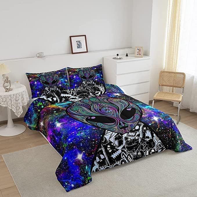 Trippy Alien Comforter Set King Size Kids Boys Galaxy Hippie Graffiti Bedding Set Psychedelic Alien Outer Space Comforter Purple Trippy Room Decor Bohemian Alien Quilted Bed Sets for Adults Men Boys - LeafyLoom