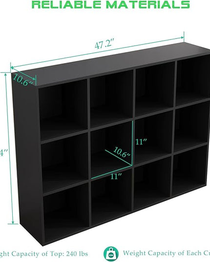 12-Cube Storage Shelf Bookcase - Wooden 3-Tier Floor Standing Open Bookshelf for Home and Office, Display Cabinet, Black - LeafyLoom