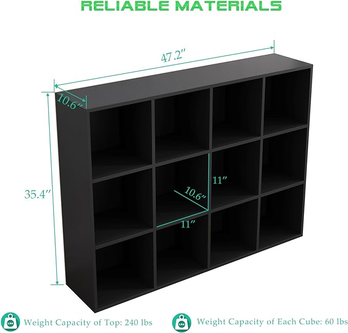 12-Cube Storage Shelf Bookcase - Wooden 3-Tier Floor Standing Open Bookshelf for Home and Office, Display Cabinet, Black - LeafyLoom