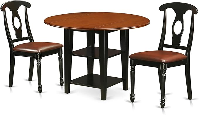 East West Furniture SUKE3-BCH-LC Sudbury 3 Piece Room Furniture Set Contains a Round Dining Table with Dropleaf & Shelves and 2 Faux Leather Upholstered Chairs, 42x42 Inch - LeafyLoom