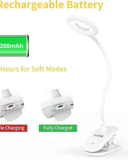 Clip on Light for Bed & Desk, Reading in Bed, Dorm, Flexible Gooseneck, Battery Operated Rechargeable Clamp Lamp for Headboard, Eye-Caring LED Light with 3 Brightness Modes - LeafyLoom