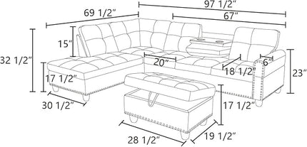 Sofa with Ottoman Modern Sectional Living Room, Bedroom, Office, L Shaped Couch Grey - LeafyLoom