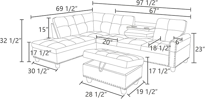 L Shaped Sofa with Ottoman Modern Sectional Living Room, Bedroom, Office, L Couch Brown-Linen - LeafyLoom