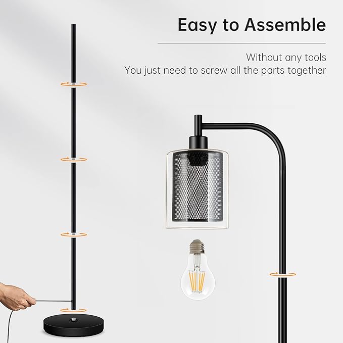 BoostArea Industrial Floor Lamp, Standing Lamp with 2 in 1 Iron Mesh Glass Lampshade, 6W LED Bulb Included, Foot Switch, Bright Modern Floor Lamp for Living Room and Bedroom, Office, Simple Style - LeafyLoom