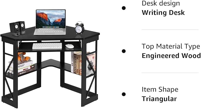 VECELO Corner Computer Desk Writing Smooth Keyboard Tray & Storage Shelves,Compact Home Office Triangle Table, Black - LeafyLoom