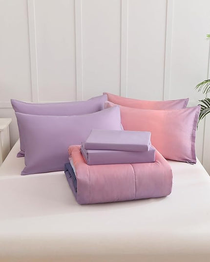 7 Pieces Comforter Set Full/Queen Size - Gradient Pink and Purple All Season Teens Rainbow Comforter Bedding Set, Ultra Soft Fluffy Microfiber Bed in a Bag for Kids - LeafyLoom