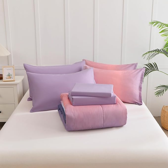 7 Pieces Comforter Set Full/Queen Size - Gradient Pink and Purple All Season Teens Rainbow Comforter Bedding Set, Ultra Soft Fluffy Microfiber Bed in a Bag for Kids - LeafyLoom