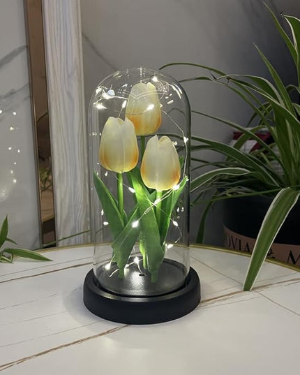 LED Tulip Lamp Artificial Flower Night Light Handmade Light up Tulips in Glass Dome Table Lamp Ornaments Desktop Decor - Battery Operated (Champagne) - LeafyLoom