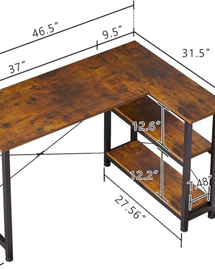 COTUBLR L Shaped Computer Desk, 47 Inch Small Corner Desk with Storage Shelves, Computer Desk Table Laptop Table Writing Desk Study Table for Home Office Workstation Small Spaces (Rustic Brown) - LeafyLoom