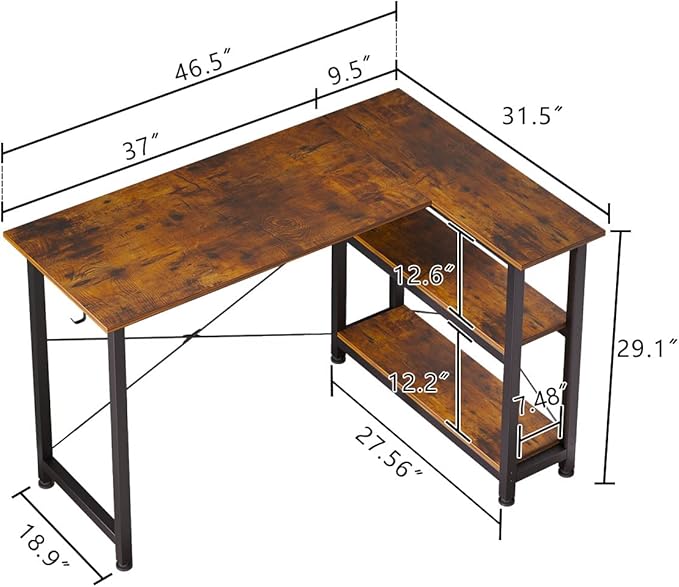COTUBLR L Shaped Computer Desk, 47 Inch Small Corner Desk with Storage Shelves, Computer Desk Table Laptop Table Writing Desk Study Table for Home Office Workstation Small Spaces (Rustic Brown) - LeafyLoom