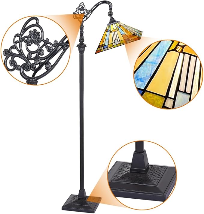 Capulina Tiffany Floor Lamp H62 Tall Antique Mission Style Stained Glass Soft Light Arched Gooseneck Adjustable Angle Reading Lamp for Living Room Bedroom - LeafyLoom