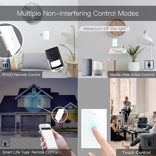 MOES 2.4GHz WiFi Wall Touch Smart Switch Neutral Wire Required, 3 Way Multi-Control, Glass Panel Light Switch Work with Smart Life/Tuya App, RF433 Remote Control, Alexa and Google Home White 1 Gang MOES