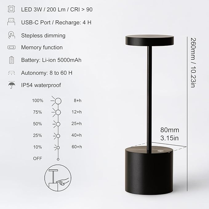 2 Pack Cordless Table Lamp Rechargeable Outdoor Waterproof Portable Battery Operated LED Table Light - for Home Restaurant Desk Bar Patio Kitchen Dinning Party (Black) - LeafyLoom