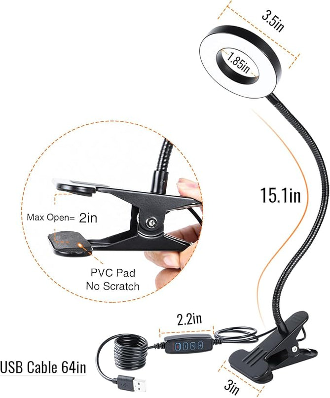 Clamp on Lamp, Desk Lamps, 8W Clip Light, Warm & Daylight & White Light 3 Colors, 10 Dimmable Illumination Modes (Black) - LeafyLoom