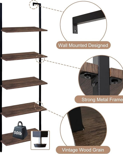 5 Tiers Ladder Shelf Brown Modern Bookshelf Open Tall Wall Mount Bookcase Standing Leaning Wall Shelves Industrial Decorative Living Room Bed Room - LeafyLoom