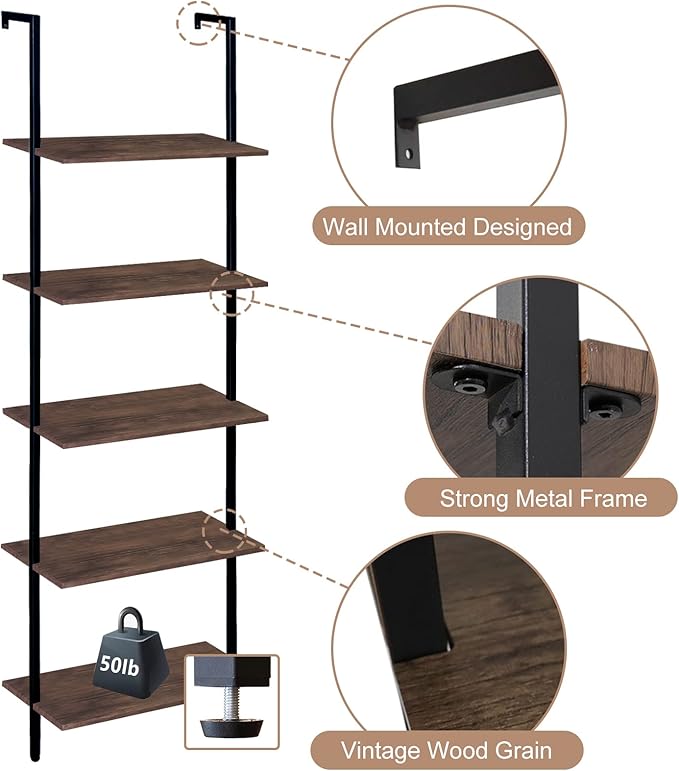 5 Tiers Ladder Shelf Brown Modern Bookshelf Open Tall Wall Mount Bookcase Standing Leaning Wall Shelves Industrial Decorative Living Room Bed Room - LeafyLoom