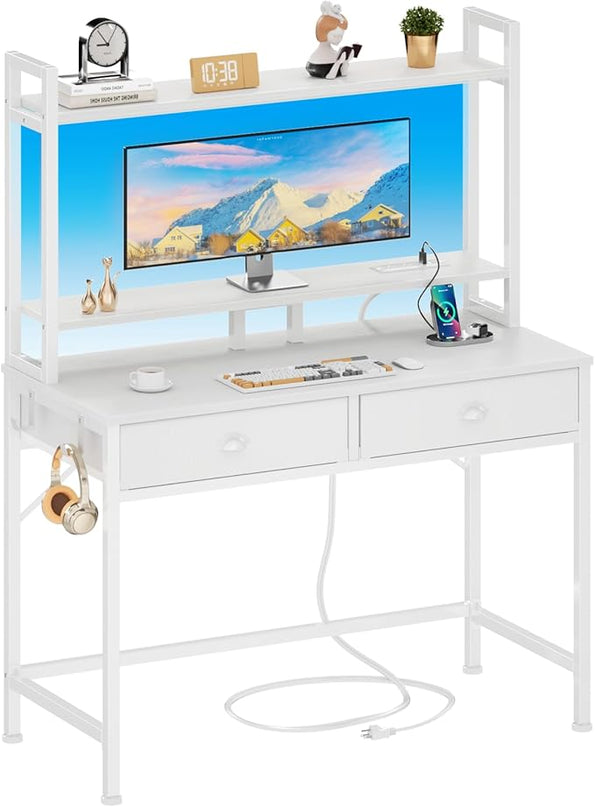 Furologee Small White Computer Desk with Power Outlet and 2 Fabric Drawers, 40" Makeup Vanity Desk with LED Light, Home Office Desk with Monitor Stand, Gaming Desk with Hutch for Small Space - LeafyLoom