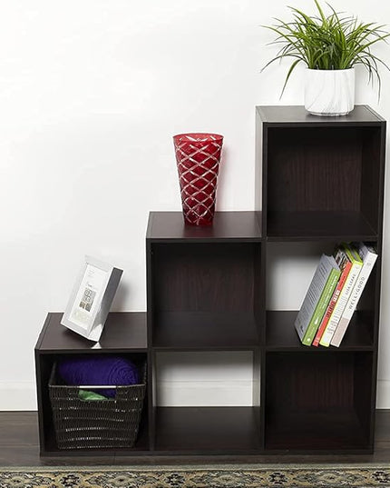 Home Basics Contemporary Tiered 6 Cube Storage Organizer for Bedroom, Office, and Living Room (Espresso) Cubicle Storage for Décor, Books, Bins, Plants, and More - LeafyLoom