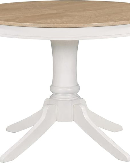 5-Piece Wooden Round Extendable Dining Table and 4 Upholstered Chairs Set for Kitchen Living Room, Retro Style, Off White, 42"-58" L x 42" W x 30" H - LeafyLoom