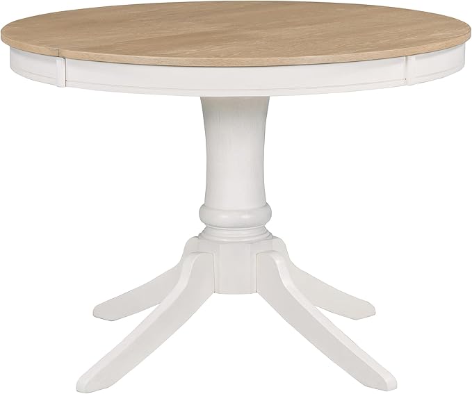 5-Piece Wooden Round Extendable Dining Table and 4 Upholstered Chairs Set for Kitchen Living Room, Retro Style, Off White, 42"-58" L x 42" W x 30" H - LeafyLoom