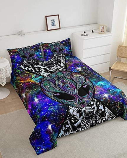 Trippy Alien Comforter Set King Size Kids Boys Galaxy Hippie Graffiti Bedding Set Psychedelic Alien Outer Space Comforter Purple Trippy Room Decor Bohemian Alien Quilted Bed Sets for Adults Men Boys - LeafyLoom
