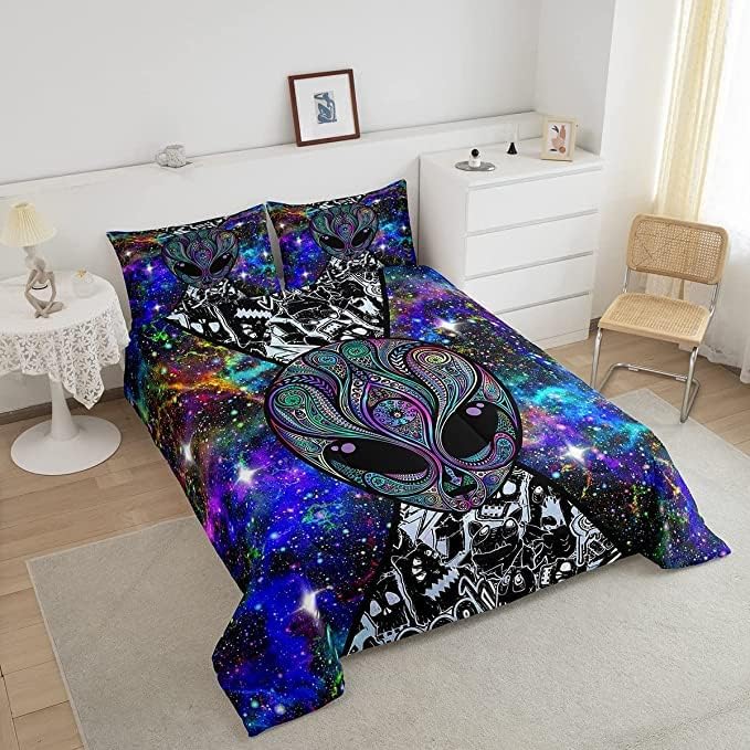 Trippy Alien Comforter Set King Size Kids Boys Galaxy Hippie Graffiti Bedding Set Psychedelic Alien Outer Space Comforter Purple Trippy Room Decor Bohemian Alien Quilted Bed Sets for Adults Men Boys - LeafyLoom