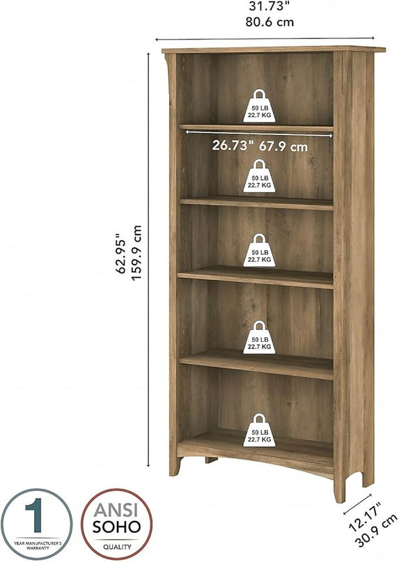 Bush Furniture Salinas Tall 5 Shelf Bookcase in Reclaimed Pine - LeafyLoom